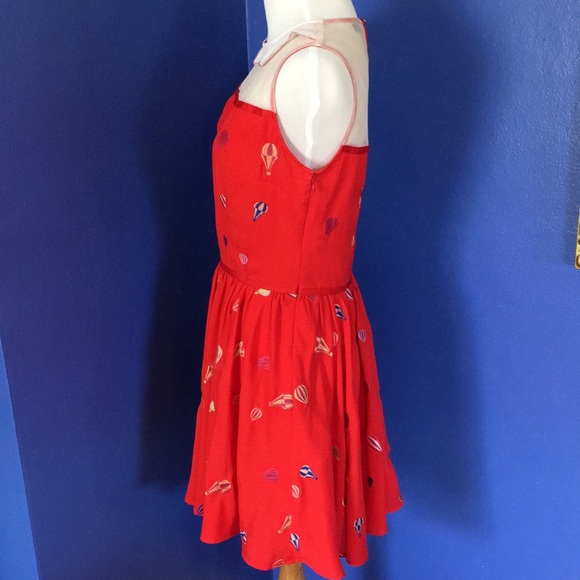 Nishe Red dress with multicolor embroidered hot air balloons & Peter Pan collar - Picture 4 of 15